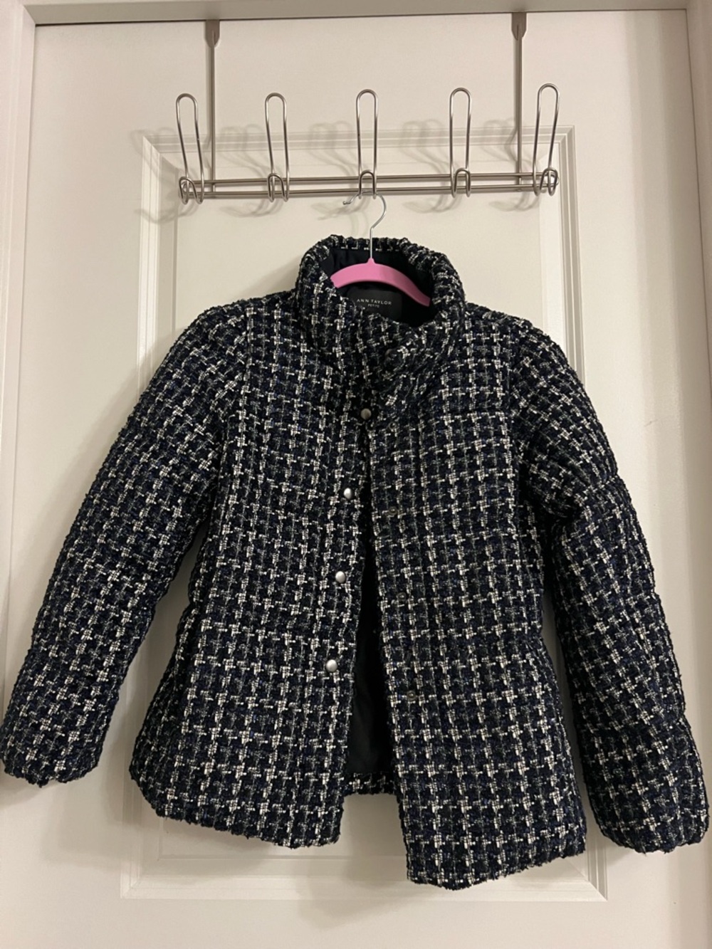 Ann Taylor Navy and White Tweed Blazer with Pearl-Style Buttons